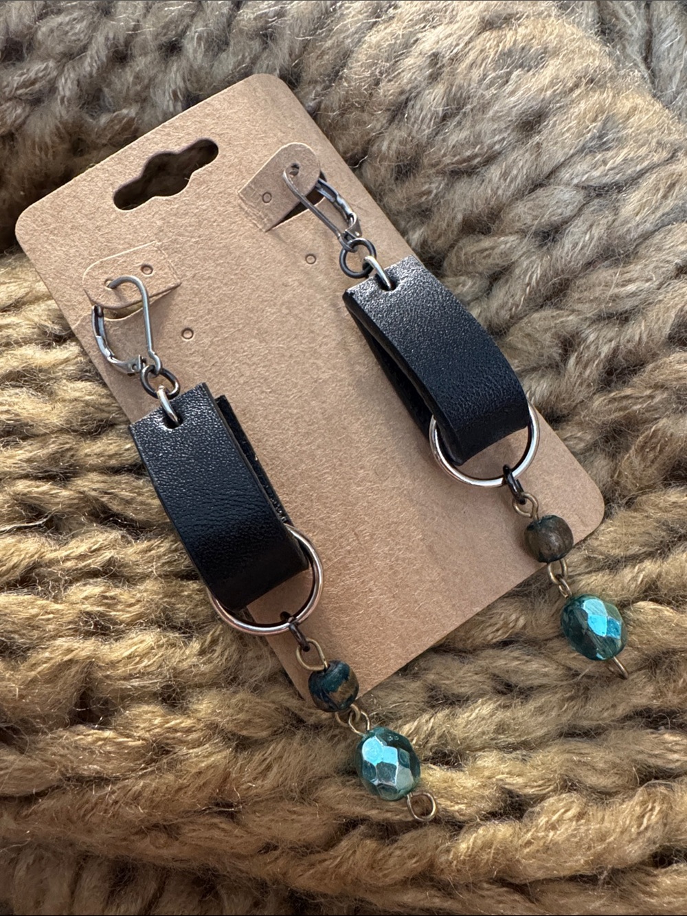 Handmade Black Genuine Leather Loop Earrings with Iridescent Teal Beads